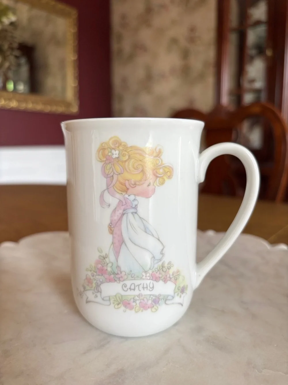 Vintage Precious Moments Personalized White Ceramic 'Cathy' Floral‎ Portrait Mug